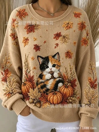 Women's autumn drop shoulder crew neck sweatshirt 3D digital print crew neck FF303475