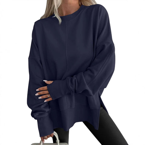 Loose sweater side split splicing round neck bat sleeve fleece top m302100