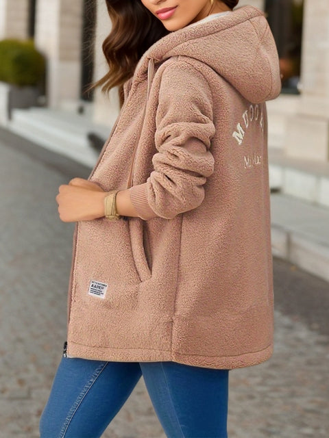 Fleece thickened medium and long lamb wool sweater women's autumn and winter embroidered letter zipper jacket m301991