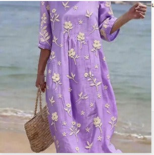 Women's medium and long sleeves side bag crew neck dress seaside vacation loose dress m302606