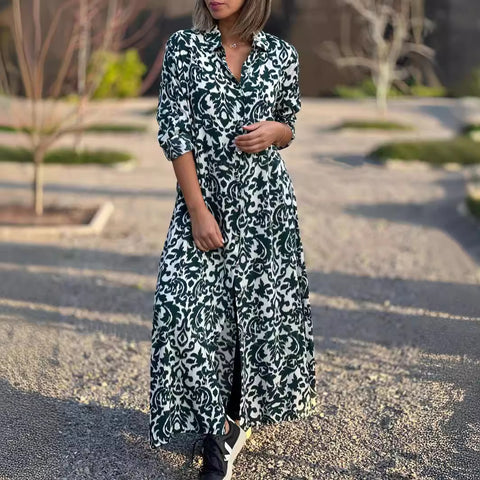 Elegant square neck long sleeve printed shirt skirt dress m302321