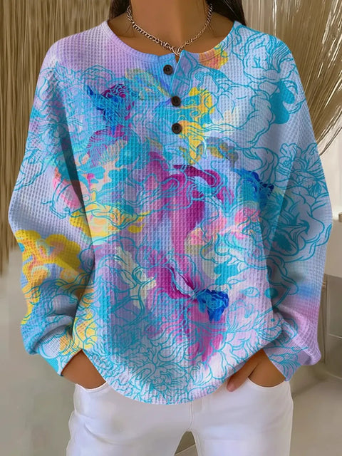 3D-Digitaldruck lockeres lässiges Waffel-Stehkragen-Langarmshirt m303065