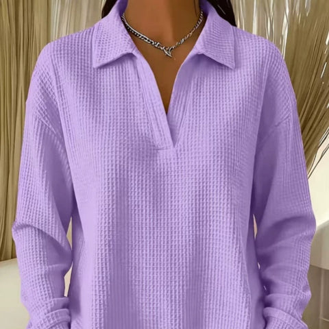 Waffle Lapel Long Sleeve Polo Top m303214