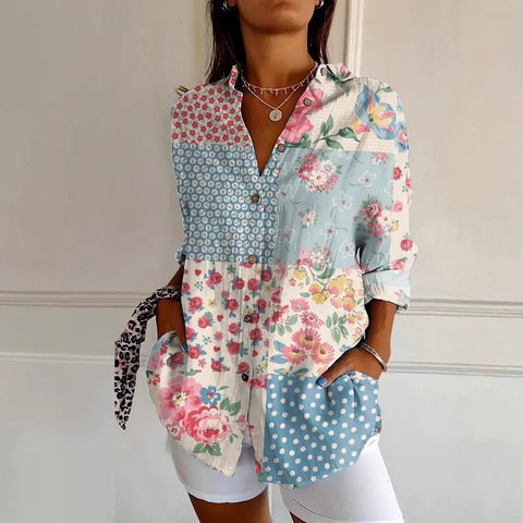 Linglong hemp long shirt women's long-sleeved shirt printing pattern m303195