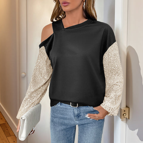 Long-sleeved sequins off-the-shoulder color matching sweater women's m300825