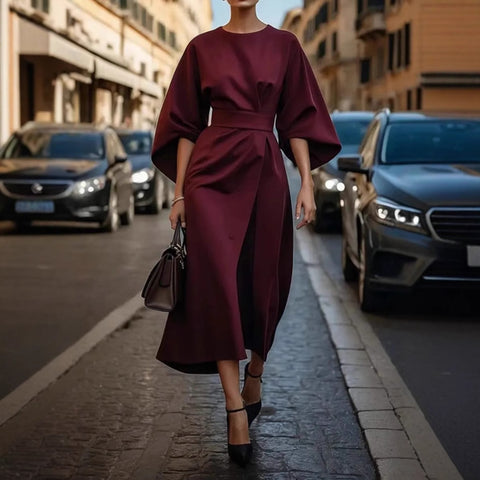 Fashion temperament elegant solid color waist dress casual bat sleeve long dress m301326