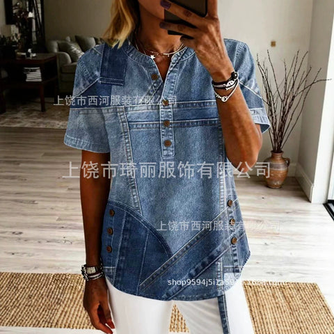 Women's Floral Print V-Neck Casual Women's Short Sleeve Top FF303332