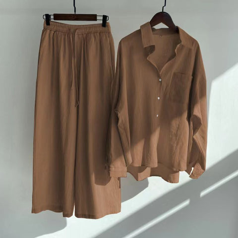 Cotton and linen shirt set high waist loose trousers m301983