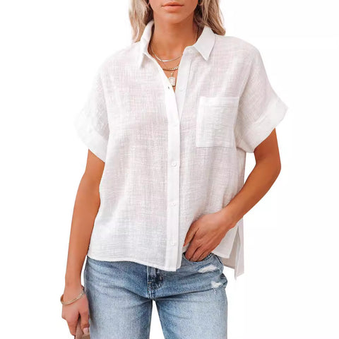 New cotton and linen short-sleeved casual side slit pocket shirt m300983