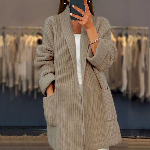 Autumn and winter new women's thickened solid color V-neck knitted cardigan loose pocket sweater jacket m300471