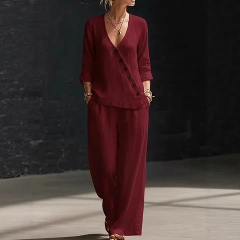 Temperament loose V-neck diagonal button-down shirt wide-leg pants two-piece set m302397