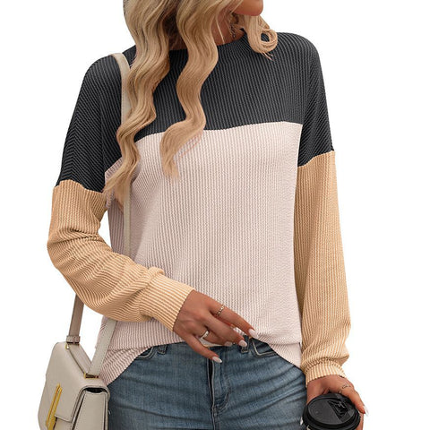 New round neck twist strip color matching long sleeve loose T-shirt women's m300963