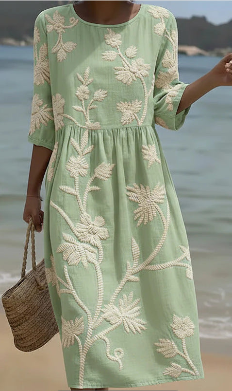 Women's medium and long sleeves side bag crew neck dress seaside vacation loose dress m302606