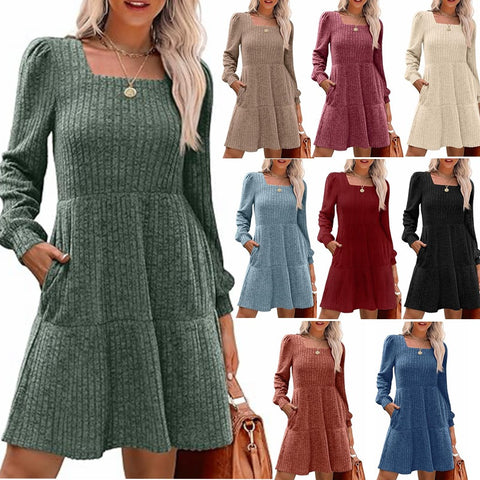 Square neck lantern sleeve doll pocket long sleeve dress m300921
