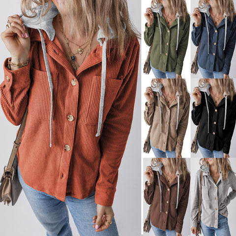 Lapel buckle cardigan purse hooded pull rope striped jacket women m301008