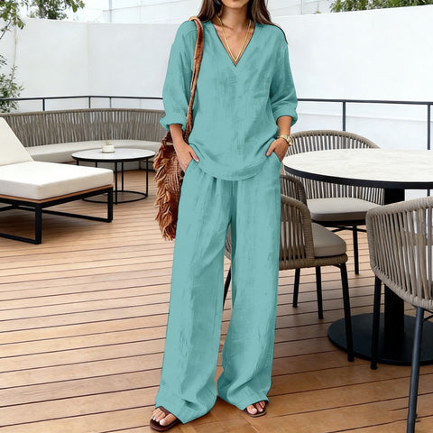 Casual V-neck pullover long sleeve plus trousers washed cotton multi-color m302407