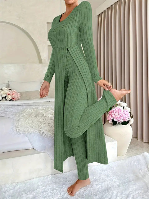 New design round neck split fork long sleeve two-piece set spring m302328