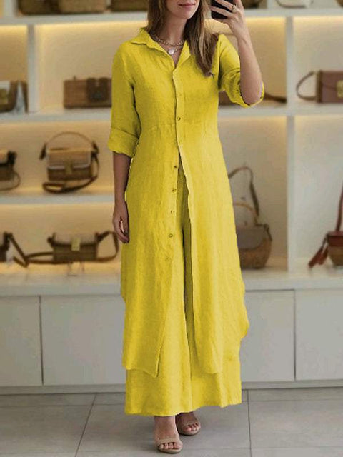 Elegant cotton and linen slim-fitting waist long-sleeved shirt wide-leg pants set m301063