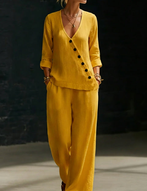 Temperament loose V-neck diagonal button-down shirt wide-leg pants two-piece set m302397