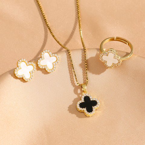 Gold Full Diamond Clover Necklace for Women with Black and White Double sided Design, Minimalist Earrings, Ring Jewelry M5010663