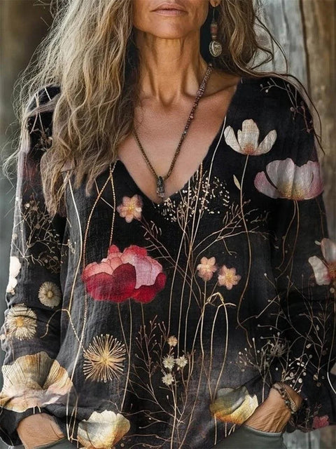 Casual V-neck long-sleeved pullover loose digital printing women's top T-shirt m301741