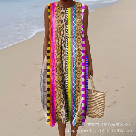 New sleeveless casual printing temperament long dress dress slim fit small fresh casual dress m301521