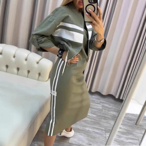 Hip Wrap Over Knee White Stripe Edge Dress Zipper Jacket Jacket Set Women's m302331