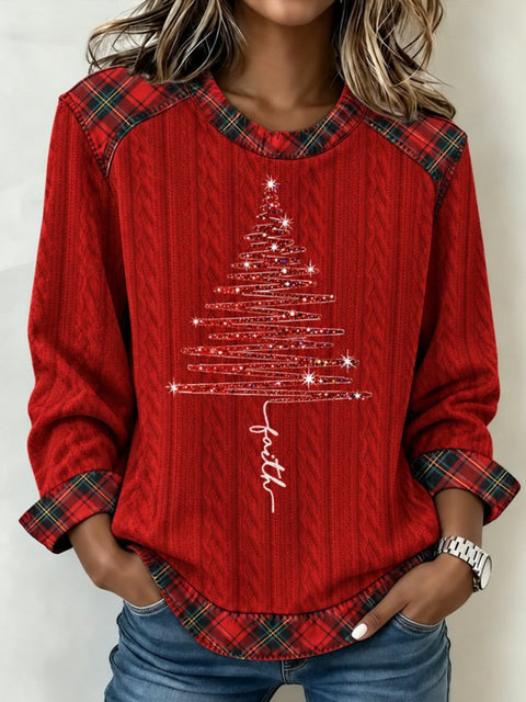 Christmas tree plaid print crew neck long-sleeved casual pullover sweater FF303471