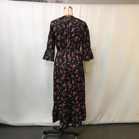 V-neck western denim print floral dress m301535