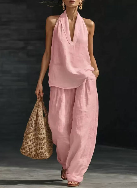 Sleeveless loose shoulder suit women's summer casual wide-leg pants two-piece set m302658