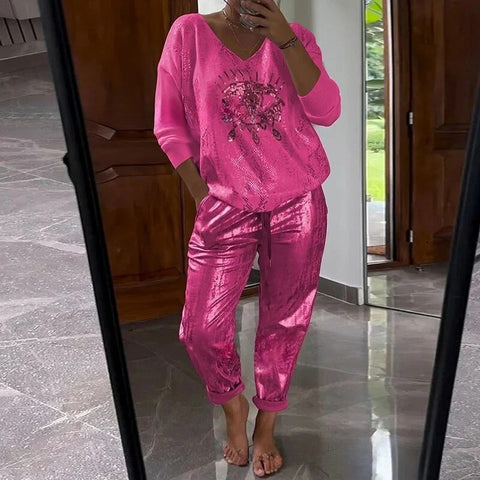 Women's Long Sleeve Printed Top Pants Set of Two M302301