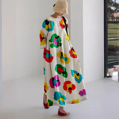 Loose crew neck fashion high-end long-sleeved printed dress m301054