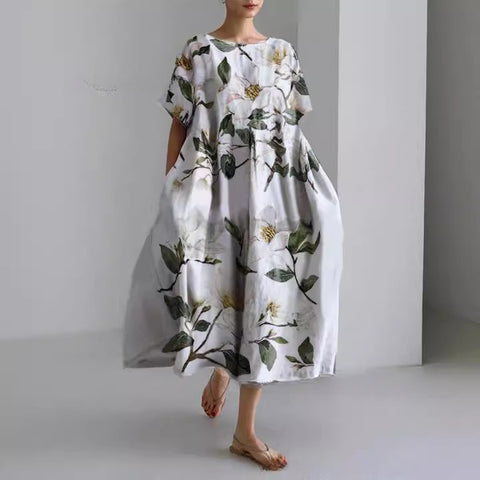 Lockeres Damenkleid mit Rundhalsausschnitt, modisches High-End-Kleid mit kurzen Ärmeln und Print m301052