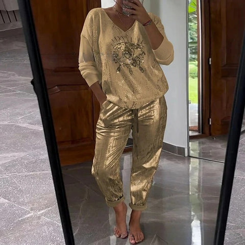 Women's Long Sleeve Printed Top Pants Set of Two M302301