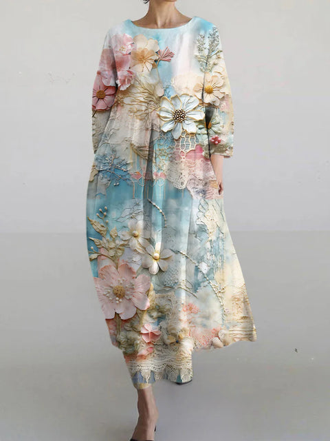 Lockeres Damenkleid mit Rundhalsausschnitt, modisches High-End-Langarm-Print m301049