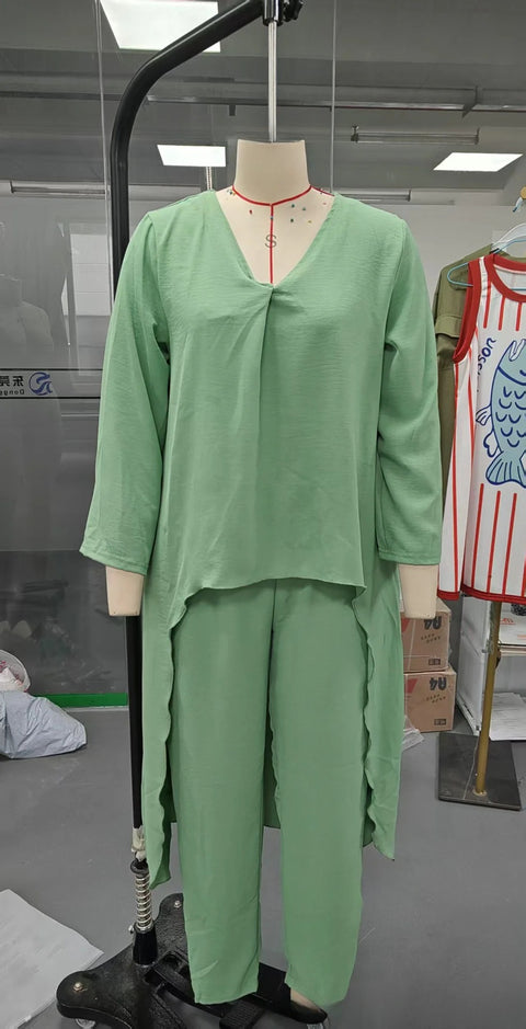 Women's summer pocket V-neck 2-piece set solid color loose women's clothing m302332