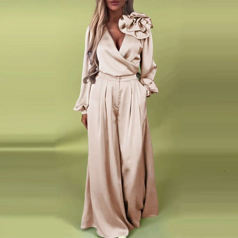 Women's Luxury Elegant V-Neck Satin Long Sleeve Top Wide Leg Pants Set m302514