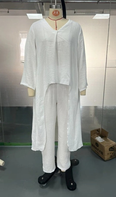 Women's summer pocket V-neck 2-piece set solid color loose women's clothing m302332