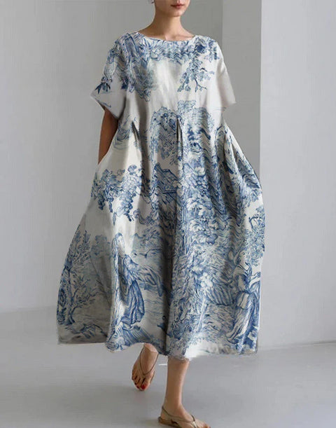 Women's loose crew neck fashion high-end short-sleeved printed dress m301052