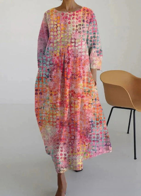 Robe ample à col ras du cou et manches longues pour femme, haut de gamme, imprimée, m301049
