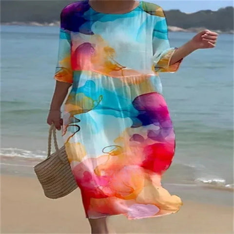 Loose Crew Neck Fashion Premium Long Sleeve Printed Dress m301045