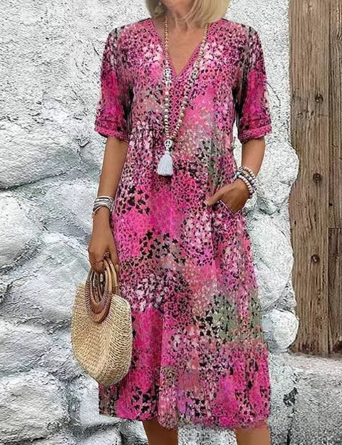 European and American new printed summer V-neck casual vacation pocket dress m301600