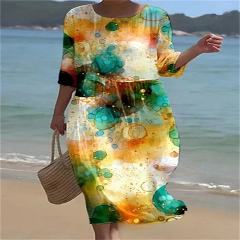 Loose Crew Neck Fashion Premium Long Sleeve Printed Dress m301045