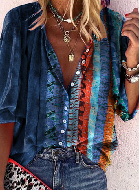 Color Block V Neckline 3/4 Sleeves Blouses m1512960 (5556422)