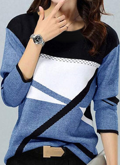 Color Block Round Neckline Long Sleeve Blouses m161511661 (5828973)