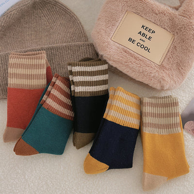 Verdickte gestreifte Socken für Kinder, mittellange Socken, Instagram, trendige, reine Baumwolle, Herbst- und Winter-Plüschisolierung, japanische Vintage-Langsocken mit Schlingen m1915010441 